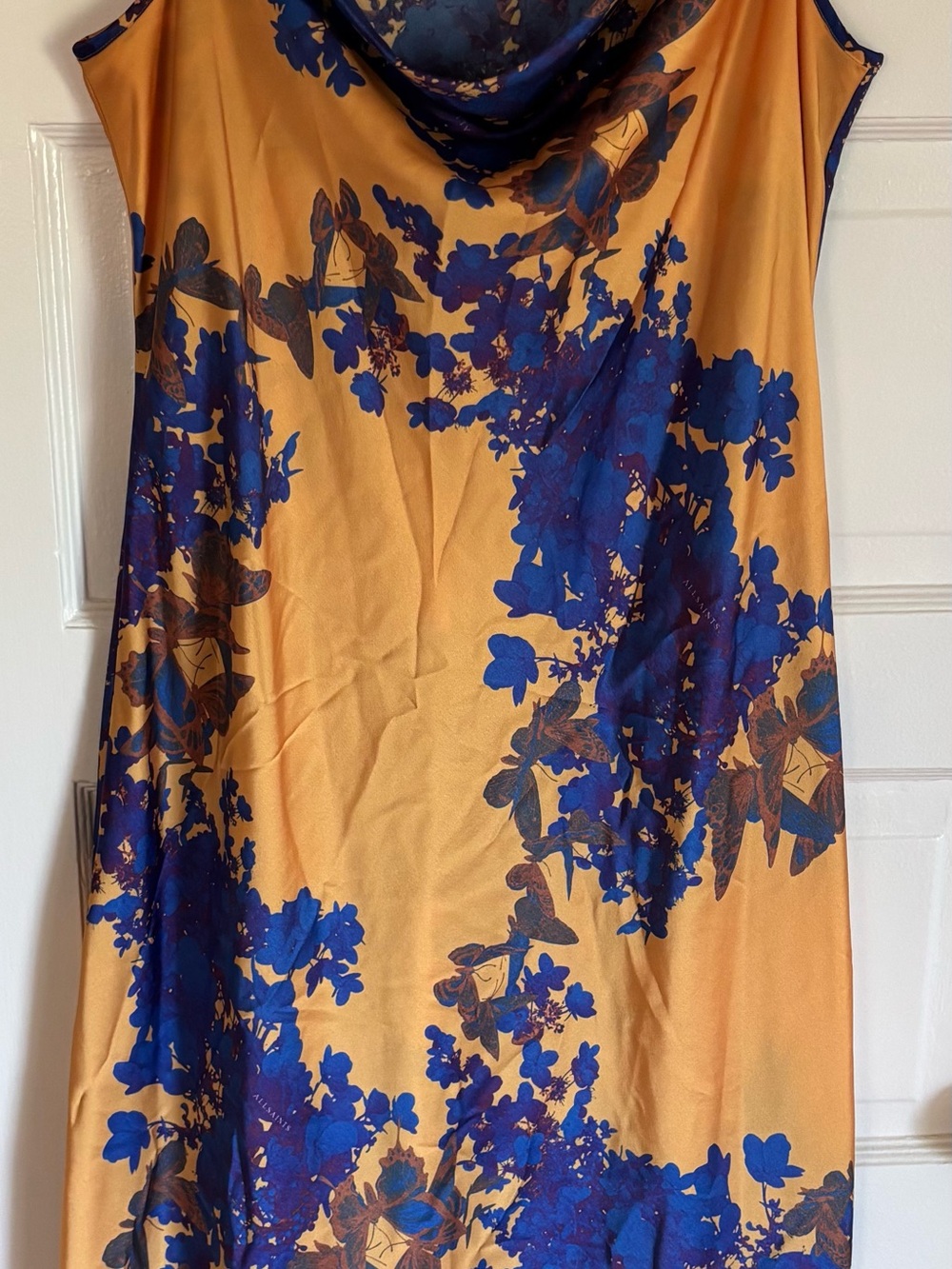 All Saints gold and blue butterfly slip dress